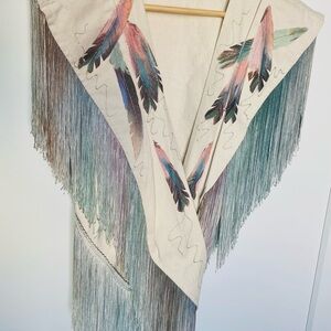 Vintage Fringed Feather Design Shawl and Skirt